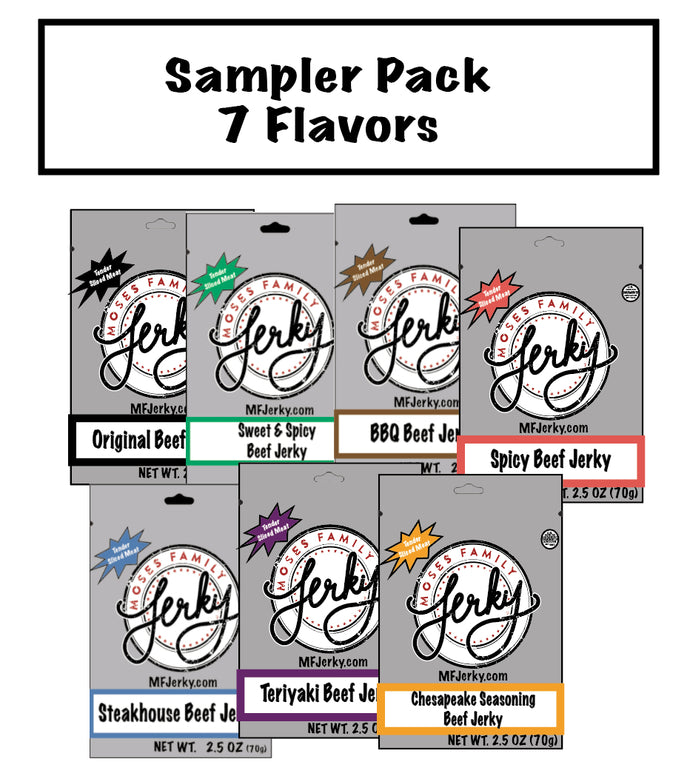 Moses Family Beef Jerky, Sample Pack,(Pack of 7) MAJOR competitor of Jack Link’s Beef Jerky Variety Pack – Includes Original, Teriyaki, and Peppered Beef Jerky, Great for Lunch Boxes, Good Source of Protein – Pack of 15, 1.25 Oz Bags -