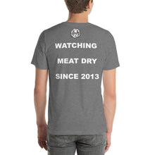 gray beef jerky shirt watching meat dry