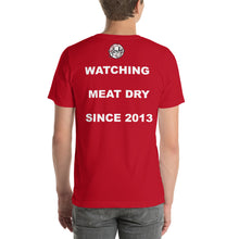 red beef jerky shirt back watching meat dry