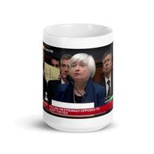 Buy Bitcoin sign behind Janet Yellen's back mug
